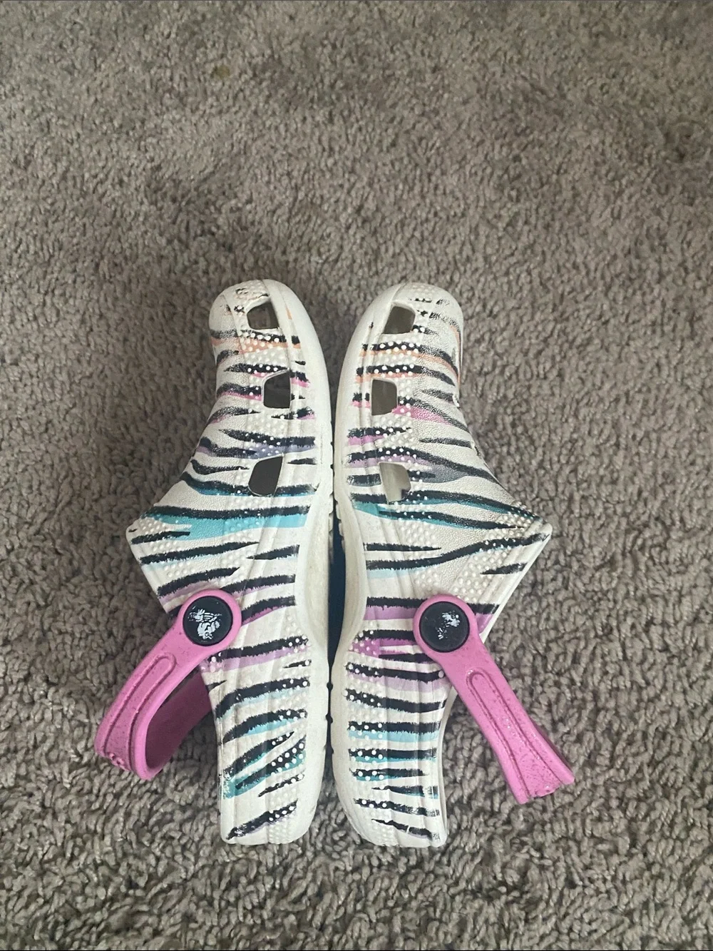 Classic CROCS Kids White Clog with Pink Strap and Multicolor Zebra Stripes